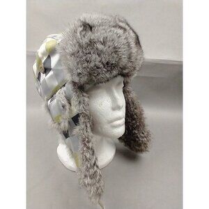 Chaos ski winter‎ trapper hat ear flaps Green Gray quilt pattern Faux Fur